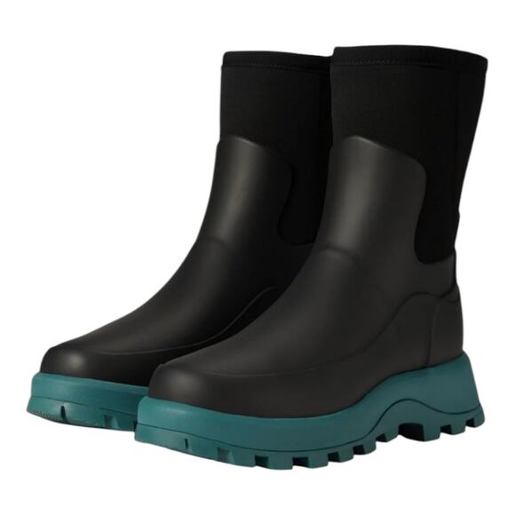 Platform Ankle Rain Boots Black Teal Lug Sole Waterproof Comfortable - Picture 1 of 11